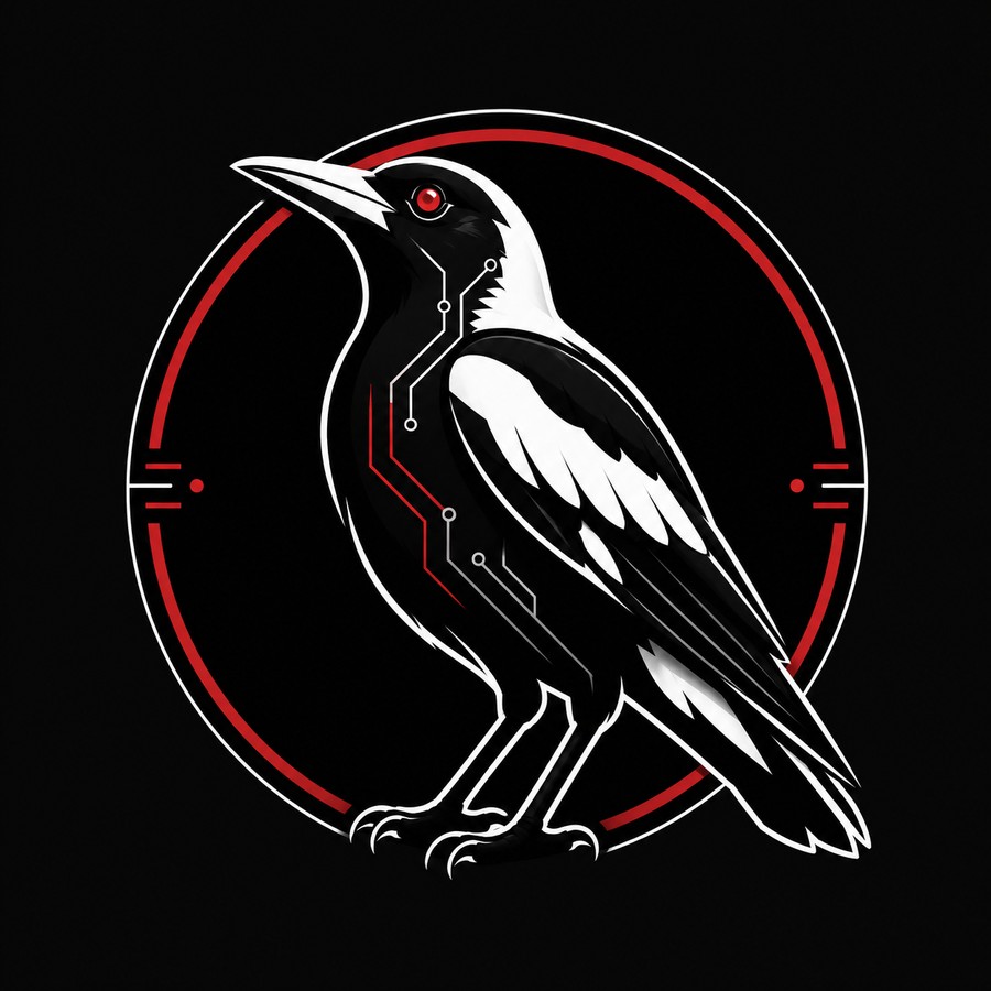 The MagpieMatrix magpie — black and white plumage, a chestnut-red eye, circuit traces running through its feathers