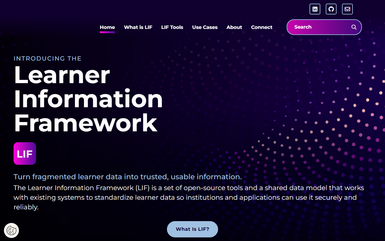 Screenshot of the Learner Information Framework website — turn fragmented learner data into trusted, usable information